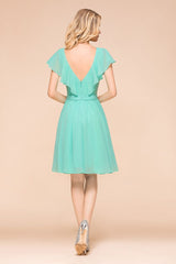 Puffy Knee Length Bridesmaid Dress Chiffon V-Neck Casual Short Dress