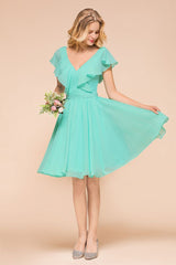 Puffy Knee Length Bridesmaid Dress Chiffon V-Neck Casual Short Dress