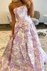 Purple Floral Sweetheart A Line Long Prom Dress with Bow