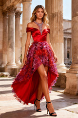 Red A Line Halter Beaded High-Low Prom Dress with Ruffles
