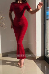 Red Jewel Short-Sleeve Mermaid Glitter Prom Dresses