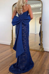 Red Lace Mermaid Strapless Long Corset Prom Dress with Bow