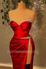 Red Long Glitter Sleeveless Evening Dresses With Side Slit