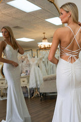 Red Spaghetti Straps Mermaid Long Prom Dress with Beading