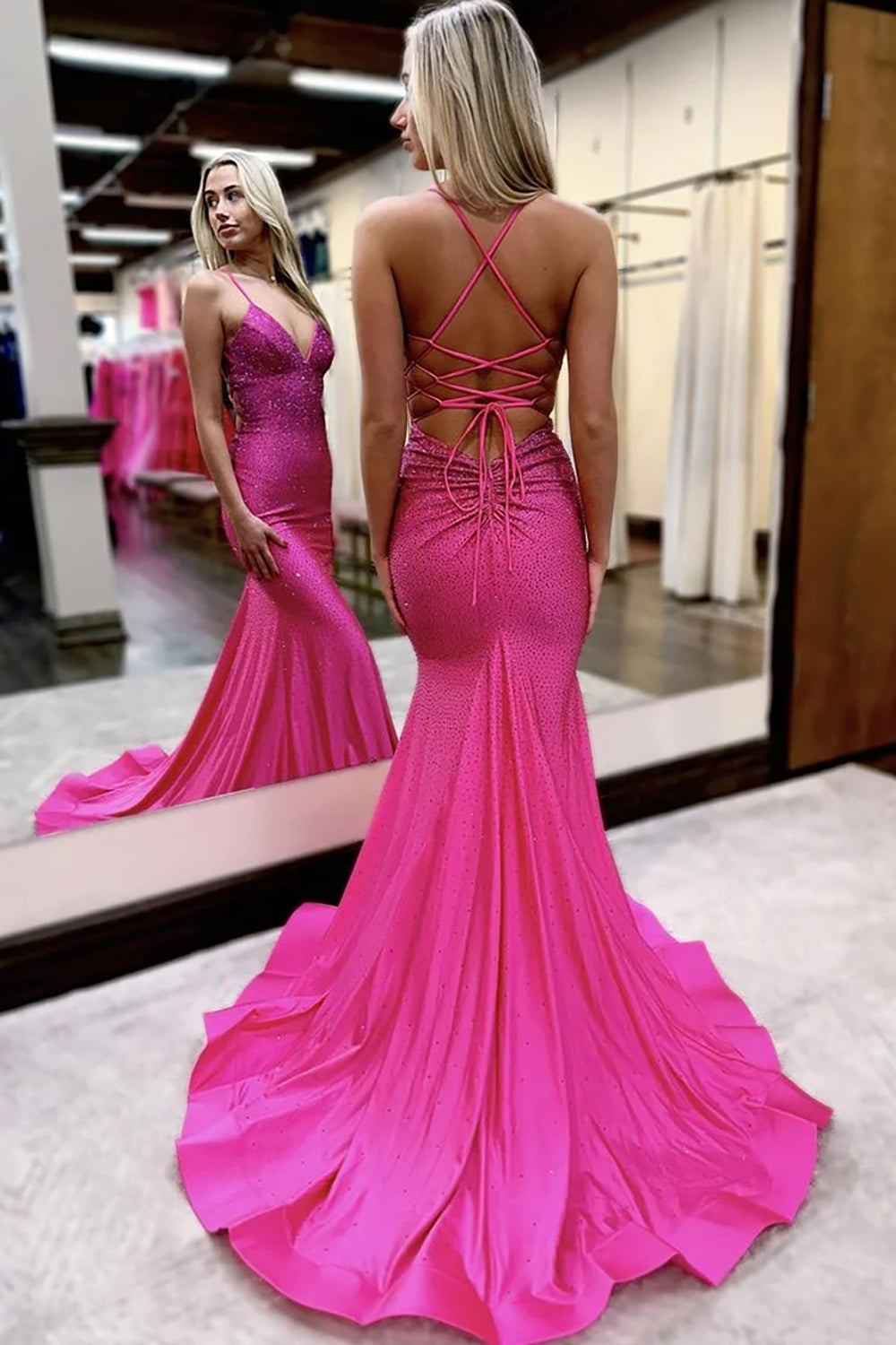 Red Spaghetti Straps Mermaid Long Prom Dress with Beading