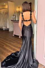 Red Spaghetti Straps Mermaid Satin Backless Long Prom Dress with Slit