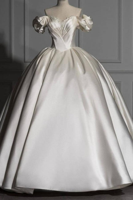 Romantic Off-the-shoulder Ball Gown Satin Wedding Dresses