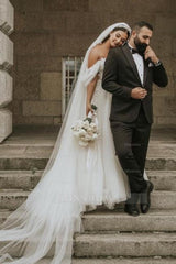 Romantic off-the-shoulder cap sleeves a-line tulle Wedding dress