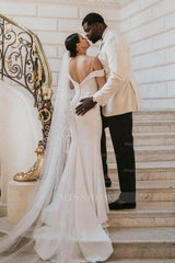 Romantic spaghetti straps cap sleeves mermaid satin Wedding dress