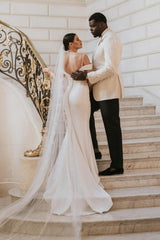 Romantic spaghetti straps cap sleeves mermaid satin Wedding dress