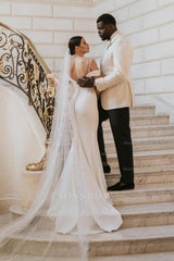 Romantic spaghetti straps cap sleeves mermaid satin Wedding dress