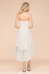 Romantic White/Ivory Sweetheart Hi-Lo Bridesmaid Dress Sleeveless Beach Wedding Guest Dress