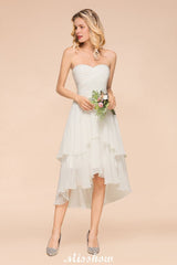 Romantic White/Ivory Sweetheart Hi-Lo Bridesmaid Dress Sleeveless Beach Wedding Guest Dress
