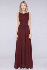 Round-Neck Floor-Length Ruffles Chiffon Bridesmaid Dress Aline Sleeveless Maid of Honor Dress