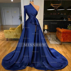 Royal Blue Long Sleeves One Shoulder A-line Split Prom Dresses