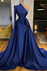 Royal Blue Long Sleeves One Shoulder A-line Split Prom Dresses