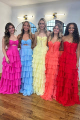 Royal Blue Sweetheart Chiffon A-Line Tiered Long Prom Dress with Slit