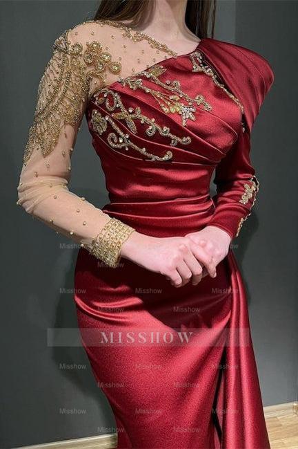 Ruby Asymmetrical Long Sleeves Mermaid Stretch Satin Prom Dress with Ruffles