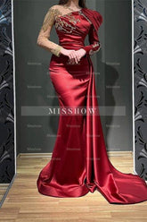 Ruby Asymmetrical Long Sleeves Mermaid Stretch Satin Prom Dress with Ruffles