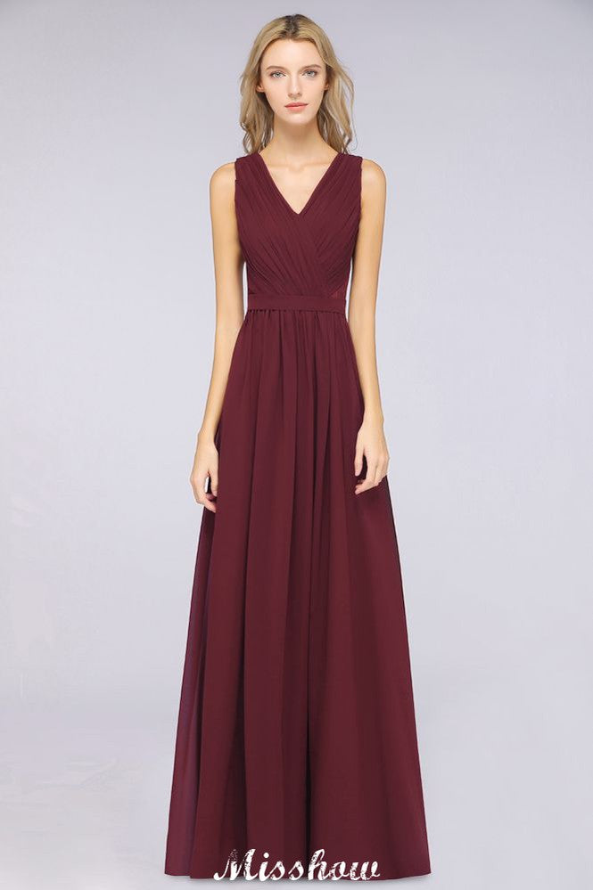 Ruffle A-Line Floor-Length Bridesmaid Dress Chiffon Lace V-Neck Evening Dress