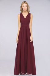 Ruffle A-Line Floor-Length Bridesmaid Dress Chiffon Lace V-Neck Evening Dress