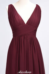 Ruffle Chiffon Sleeveless Evening Maxi Gown V-Neck Bridesmaid Dress