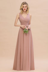 Ruffles V-Neck A-line Dusty Pink Bridesmaid Dresses | Sleeveless Floor-Length Evening Dresses