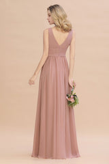 Ruffles V-Neck A-line Dusty Pink Bridesmaid Dresses | Sleeveless Floor-Length Evening Dresses