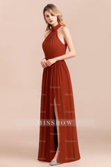 Rust Halter Long Bridesmaid dresses With Front Split