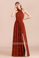 Rust Halter Long Bridesmaid dresses With Front Split
