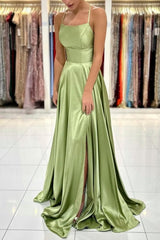 Sage Evening Dresses Simple Long A-line Satin Prom Dress With Slit
