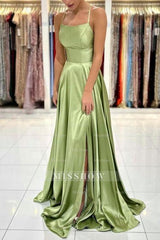 Sage Evening Dresses Simple Long A-line Satin Prom Dress With Slit