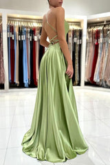 Sage Evening Dresses Simple Long A-line Satin Prom Dress With Slit