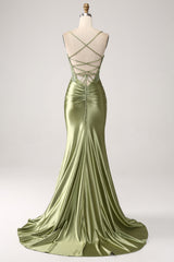 Sage Spaghetti Straps Satin Mermaid Long Prom Dress with Lace Appliques