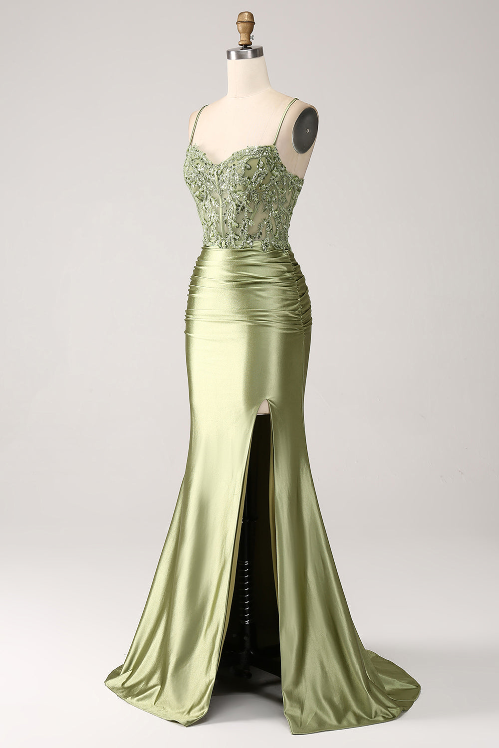 Sage Spaghetti Straps Satin Mermaid Long Prom Dress with Lace Appliques