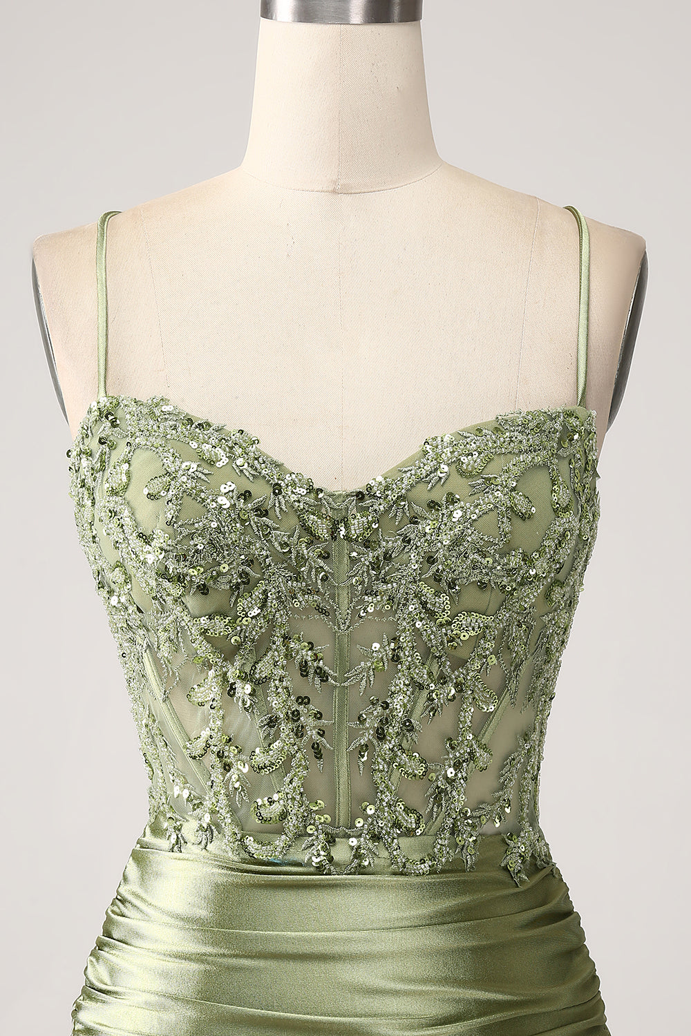 Sage Spaghetti Straps Satin Mermaid Long Prom Dress with Lace Appliques