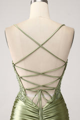 Sage Spaghetti Straps Satin Mermaid Long Prom Dress with Lace Appliques