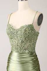 Sage Spaghetti Straps Satin Mermaid Long Prom Dress with Lace Appliques