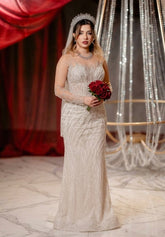 White Beaded Sequin Mermaid Wedding Dress Illusion High Neck Long Sleeve Sparkle Tulle Sweep Train Bridal Gown