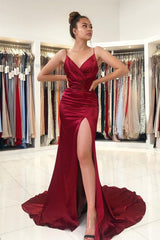 Sexy Burgundy V-Neck Ruffles Slim Mermaid Evening Dress with Side Split