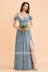 Sexy Cold-Shoulder Dusty Blue Chiffon Bridesmaid Dresses with Slit On Sale