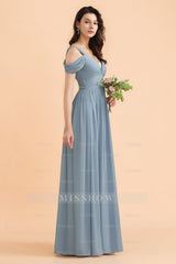 Sexy Cold-Shoulder Dusty Blue Chiffon Bridesmaid Dresses with Slit On Sale