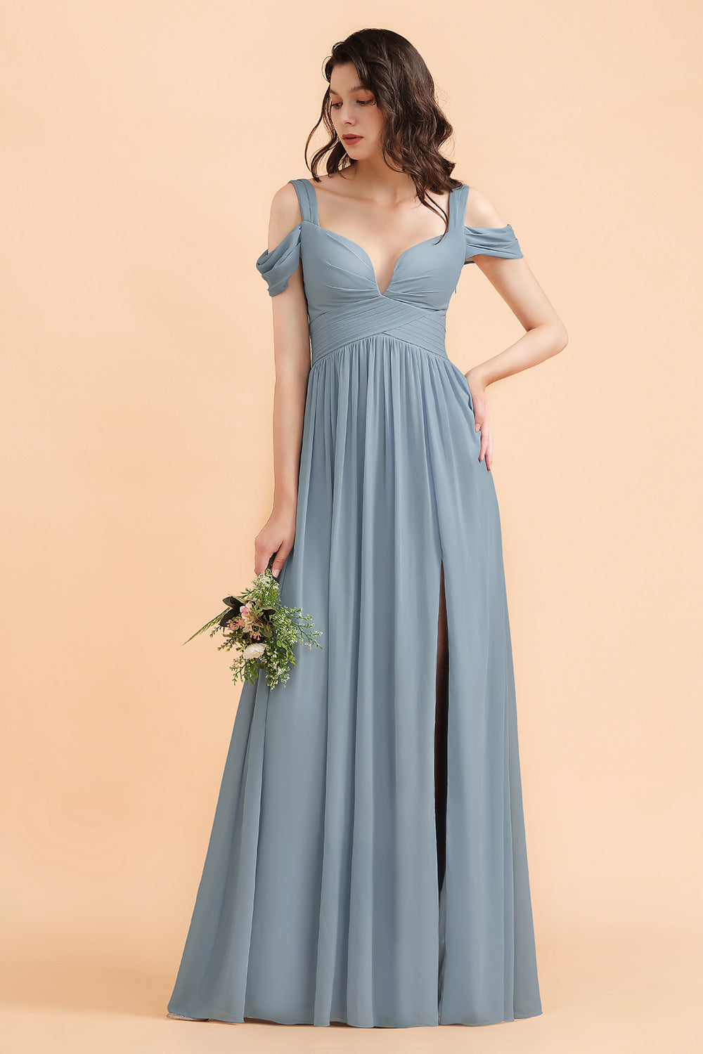 Sexy Cold-Shoulder Dusty Blue Chiffon Bridesmaid Dresses with Slit On Sale