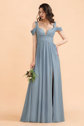 Sexy Cold-Shoulder Dusty Blue Chiffon Bridesmaid Dresses with Slit On Sale