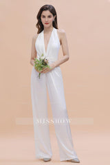Sexy Deep-V-Neck Halter Backless Charmeuse Bridesmaid Jumpsuit
