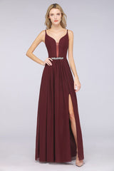 Sexy Double Deep V-Neck Ruffles Sleeveless Bridesmaid Dress Chiffon Side Split Evening Party Dress