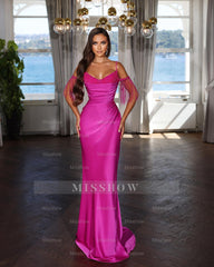 Sexy Floor Length Spaghetti Straps Mermaid Satin Evening Dress with Beads