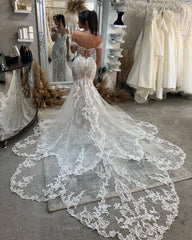 Sexy Floor Length Sweetheart Off-The-Shoulder Sleeveless Mermaid Lace Wedding Dress