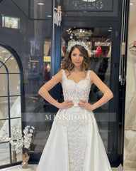 Sexy Floor Length Sweetheart Traps Sleeveless Mermaid Lace Weddding Dress with Court Train