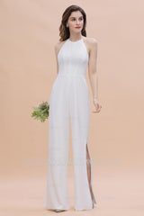 Sexy Halter Backless Lace Bridesmaid Jumpsuit with Slits On Sale